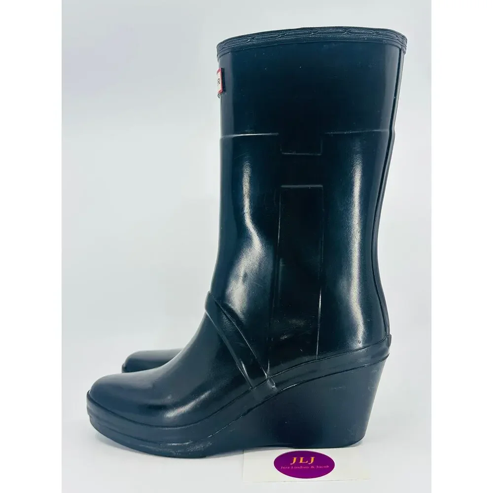 Hunter Women's Kellan Mid Black Glossy Rubber Wedge Rain Boots Size 8 SEE PHOTOS